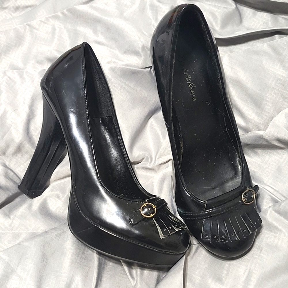 Black patented leather with fringe 4" heels